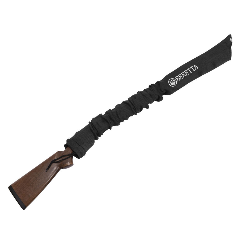 Black Beretta gun sock, covering a wooden rifle, angled view.