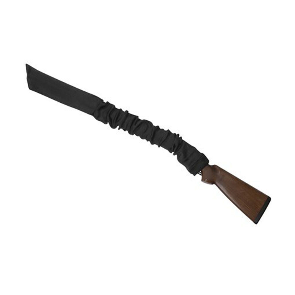 Black Beretta VCI gun sock, covering a rifle. Black fabric, wood stock. Angled view.