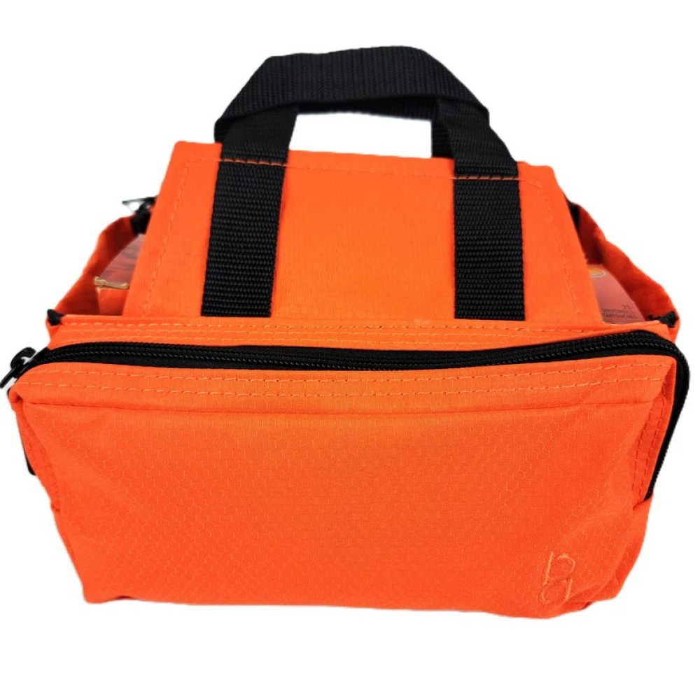 Orange Bob Allen four-box shell carrier with black handles and zipper