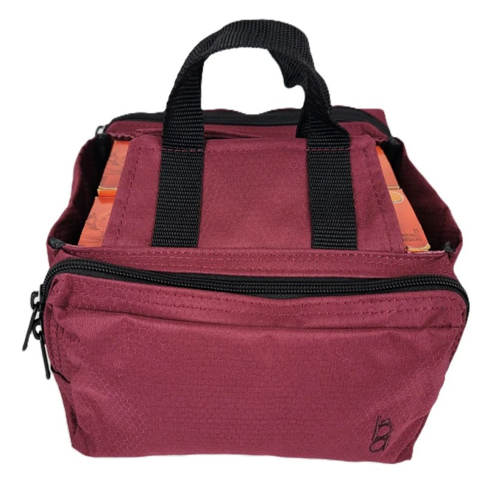 Maroon Bob Allen four-box shell carrier with black handles and zipper pockets.