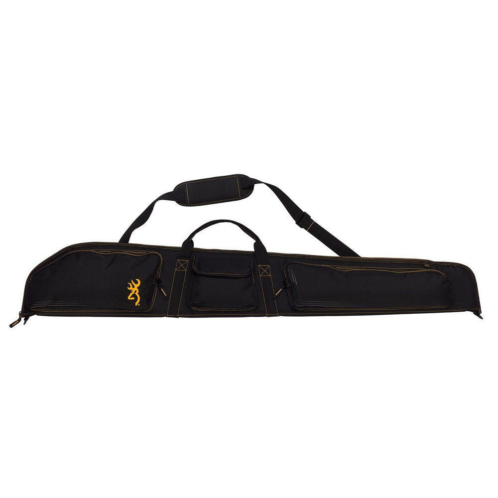 Black Browning shotgun case with gold stitching, Browning logo, and pockets.