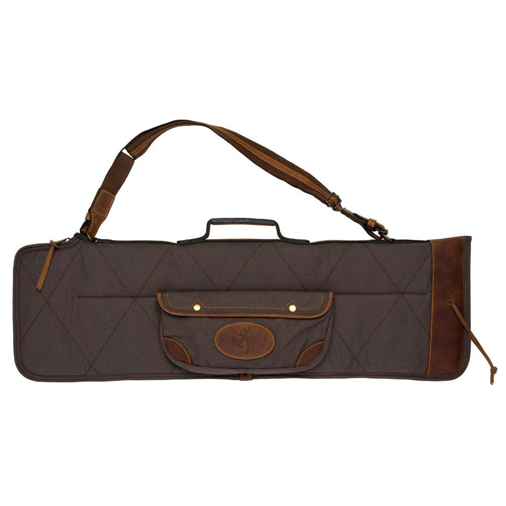 Brown Browning canvas and leather shotgun case with shoulder strap and pocket