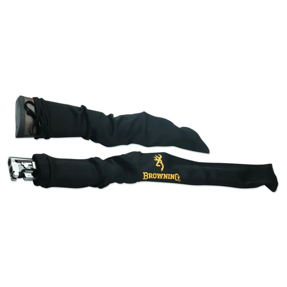 Two black Browning VCI gun socks, one with a shotgun butt, the other with a shotgun barrel.
