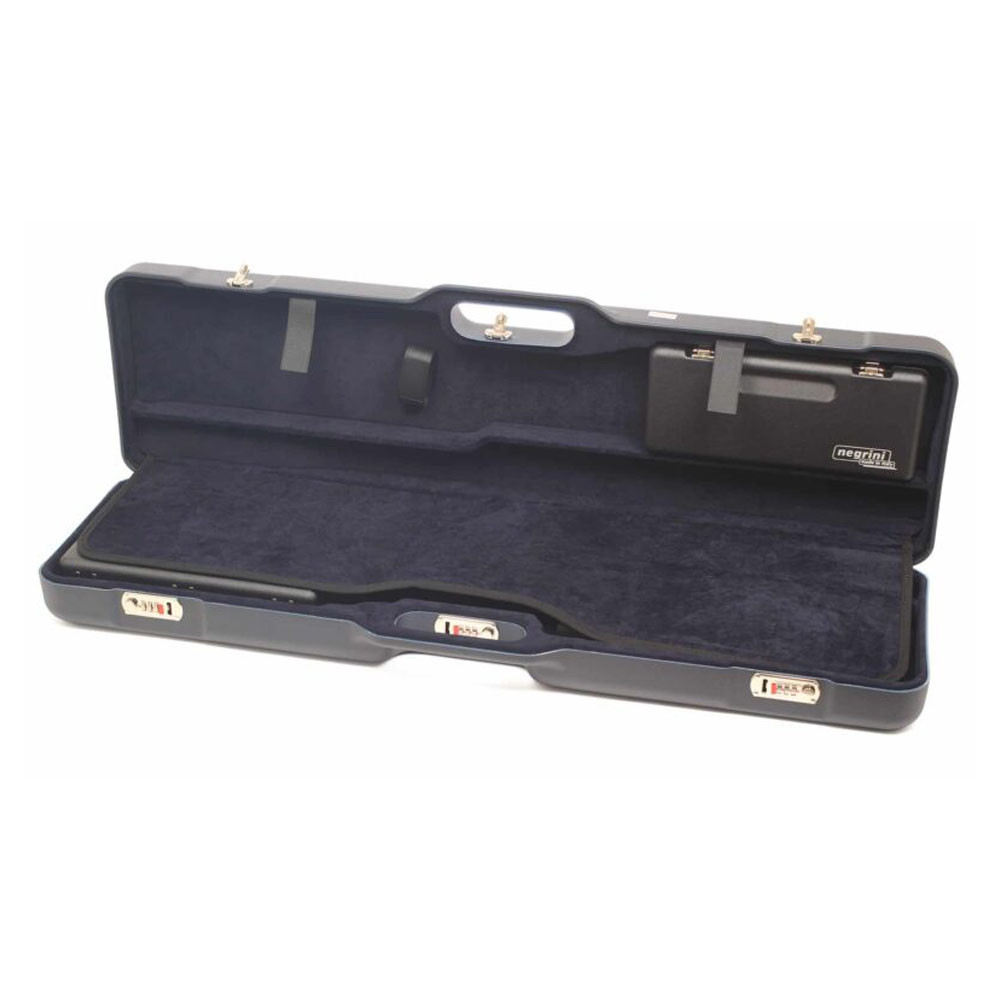 Navy Negrini double shotgun case, open, plush interior, combination locks