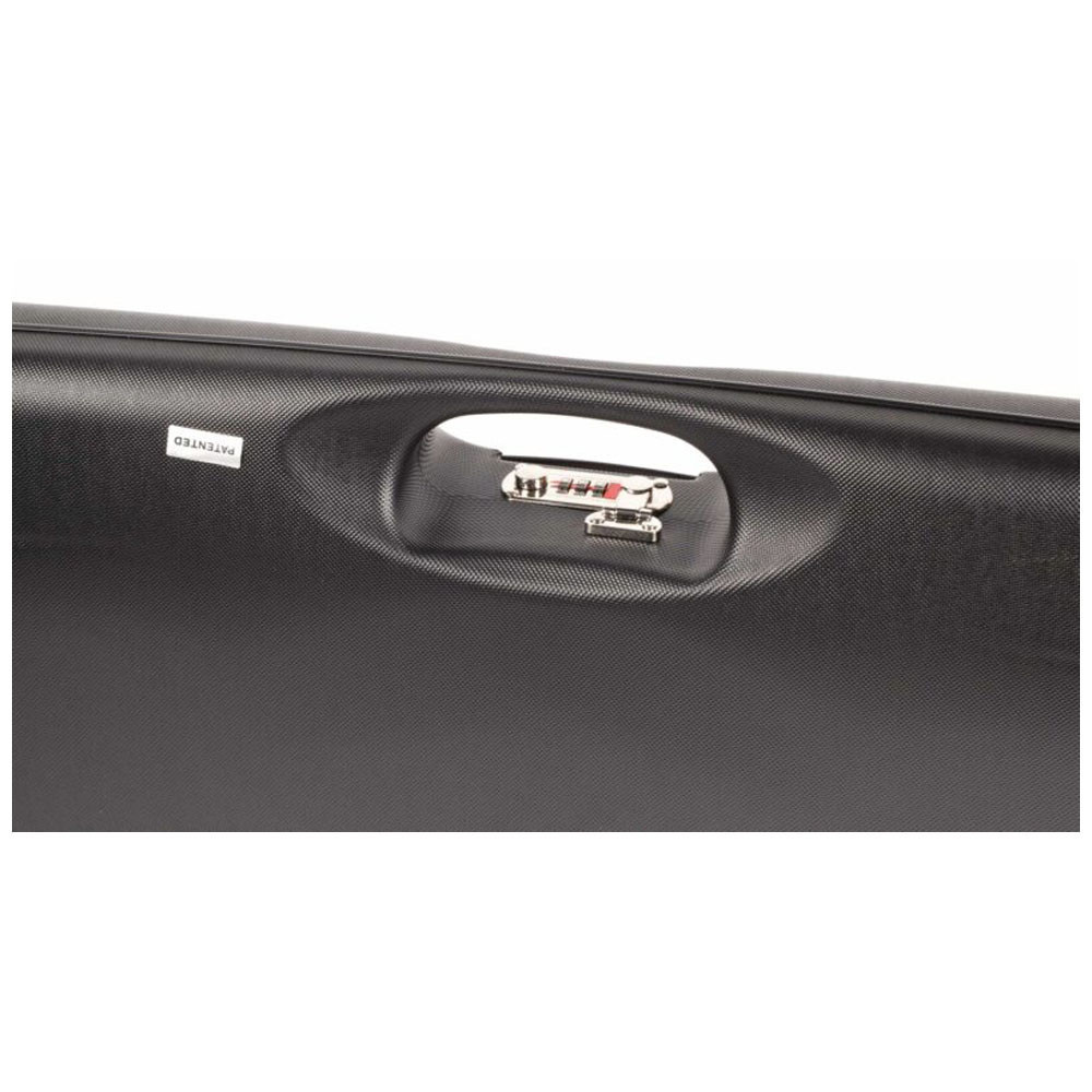 Black hard case with handle, combination lock, and "PATENTED" label.