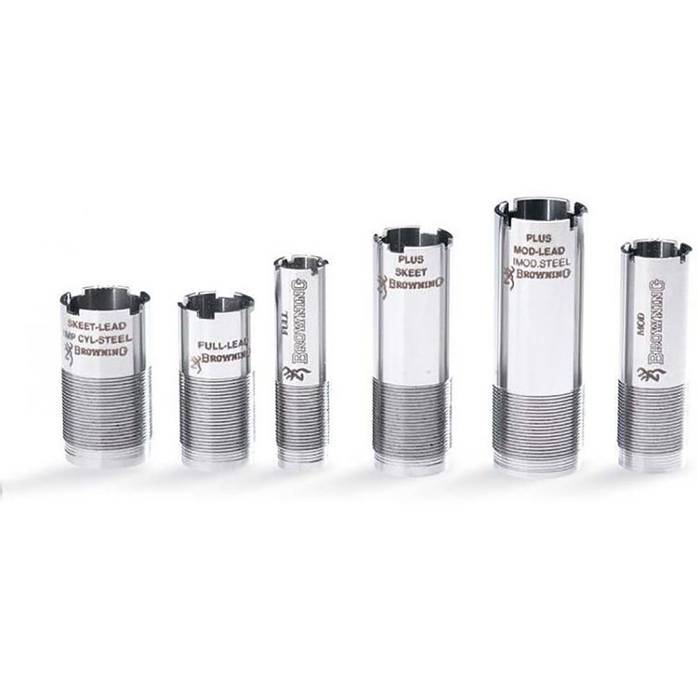 Six silver Browning Invector Plus shotgun choke tubes with engraved labels.
