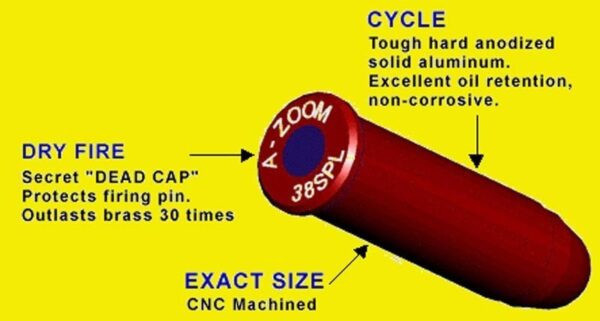 Red and blue A-Zoom snap cap, made of aluminum, with text on a yellow background.