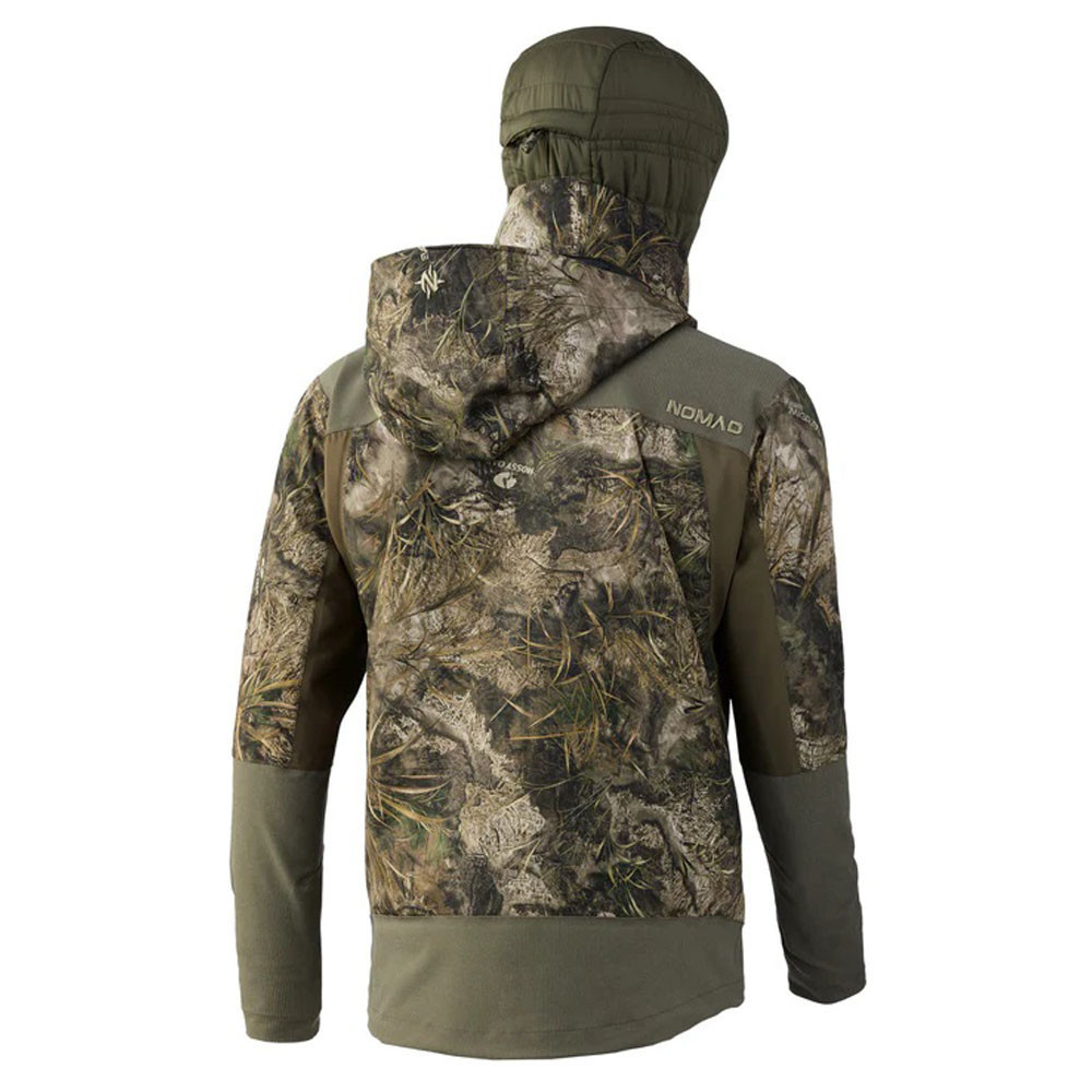 Back view of a camouflage Nomad 3L3 Parka with a green hood and sleeves.