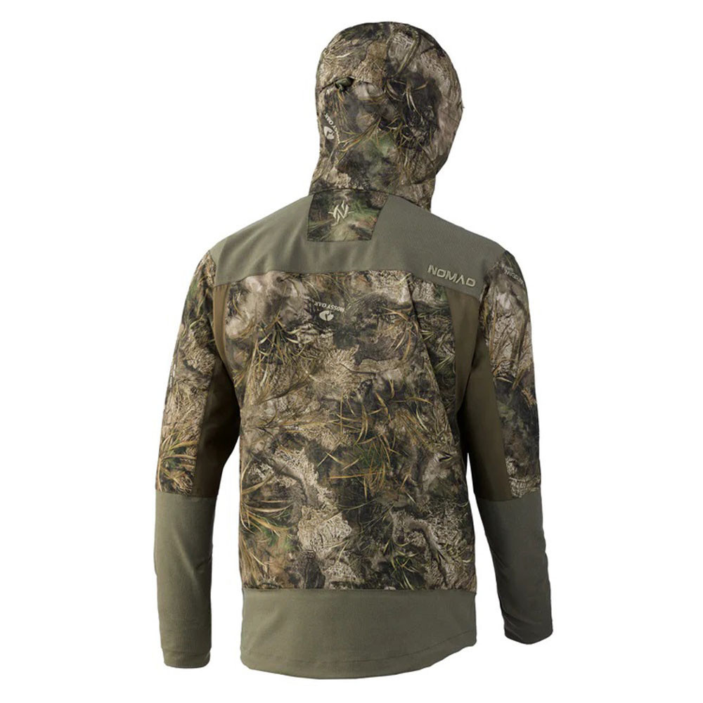 Back view of a Mossy Oak Migrate camouflage Nomad parka with olive green accents.