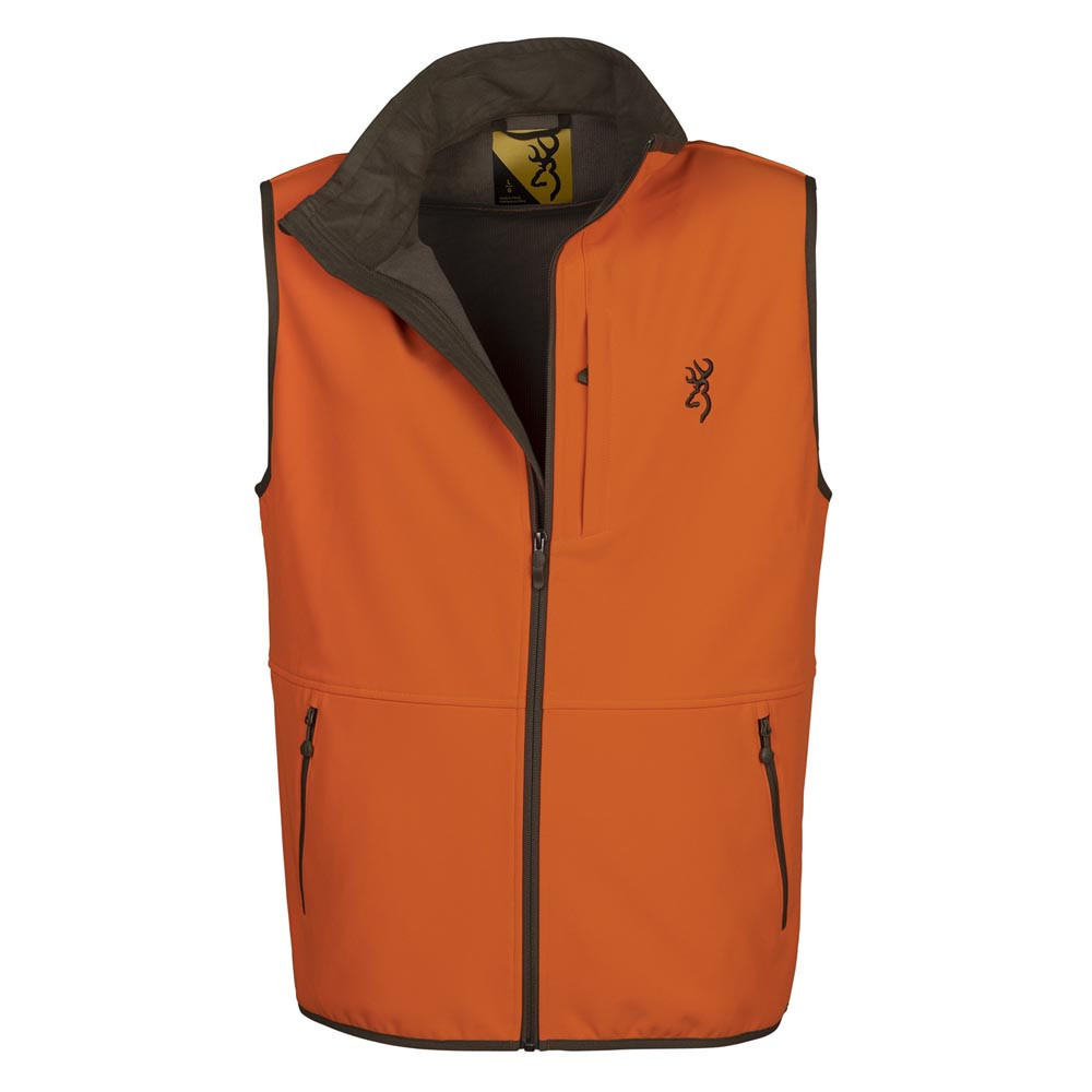 Browning blaze orange soft shell vest with Browning logo on chest