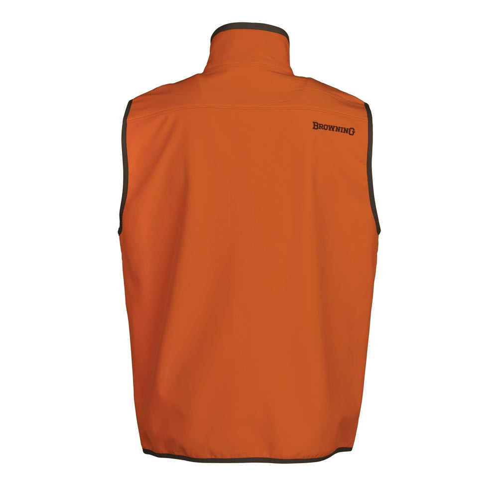 Back view of a blaze orange Browning soft shell vest with a dark collar and trim.