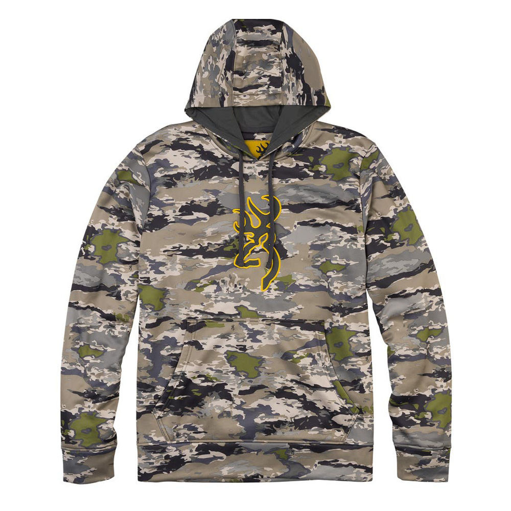 Browning Ovix camo tech hoodie with yellow Buckmark logo and front pocket.