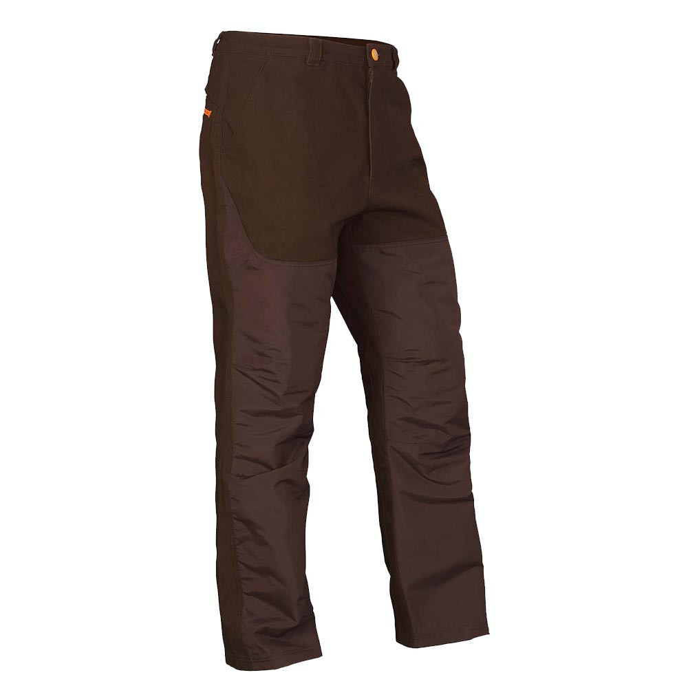 Chocolate brown upland pants with polyester overlays and articulated knees.