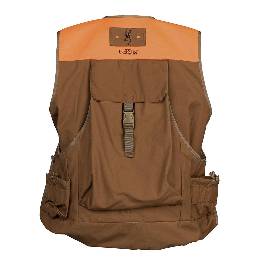 Brown and orange hunting vest, cotton/polyester, with large back pocket, blaze orange shoulder overlays, Browning logo.