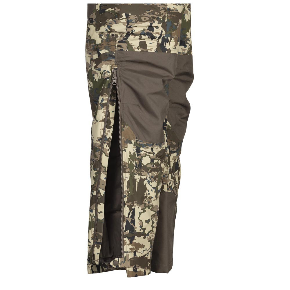Camouflage insulated bibs with a side zipper, brown accents, and a close-up angle.