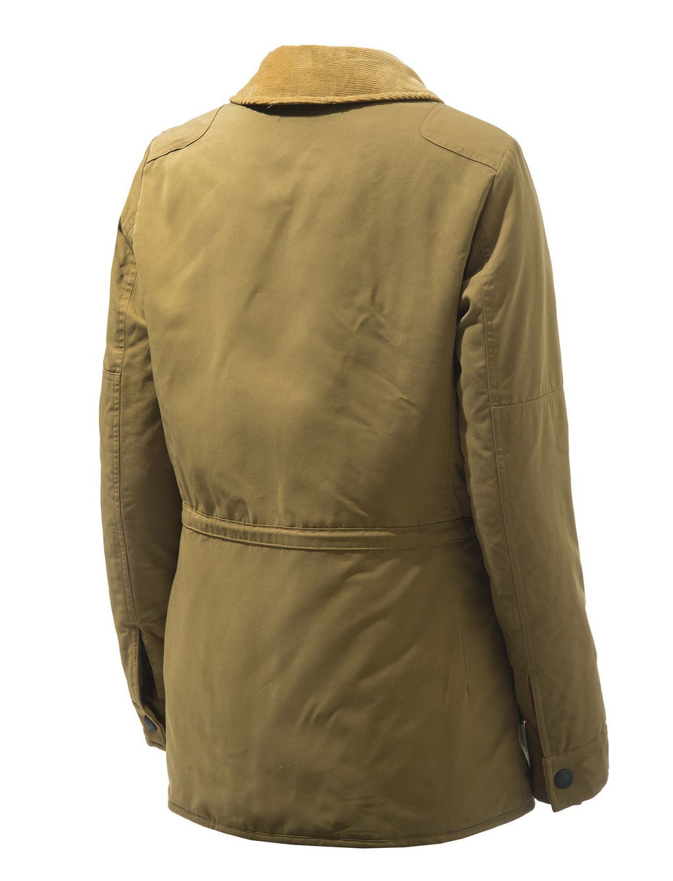 Back view of a brown Beretta women's field jacket with corduroy collar.