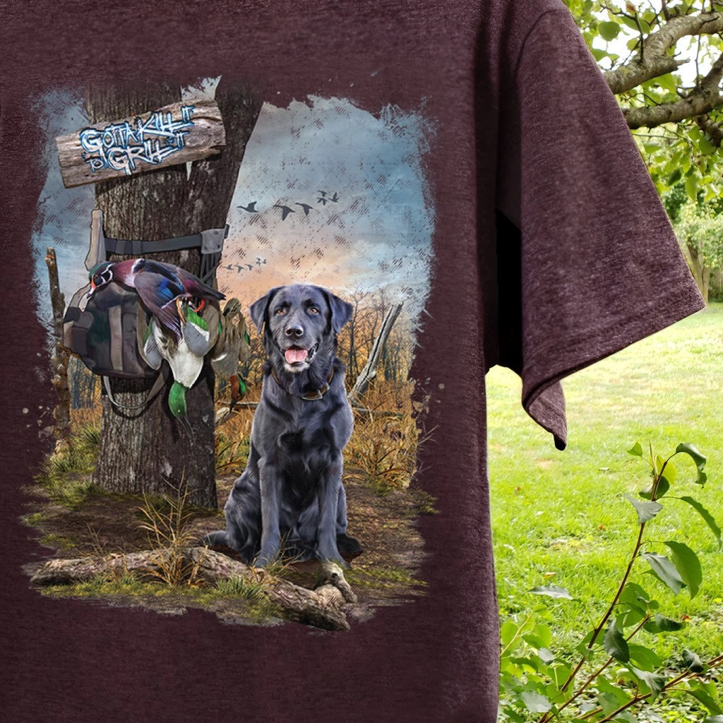 Maroon cotton tee with a hunting dog graphic.
