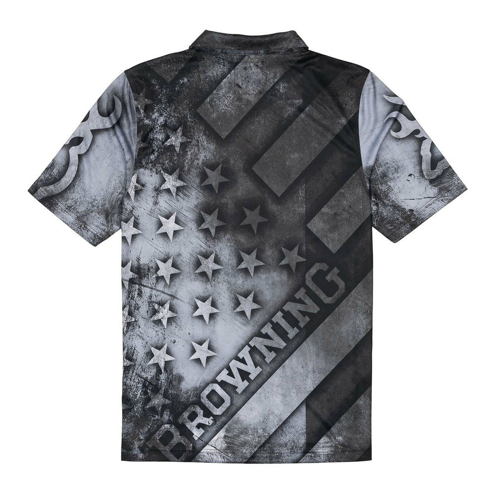 Browning Team Shooting Shirt, gray and black, American flag design, short sleeves, polo style.