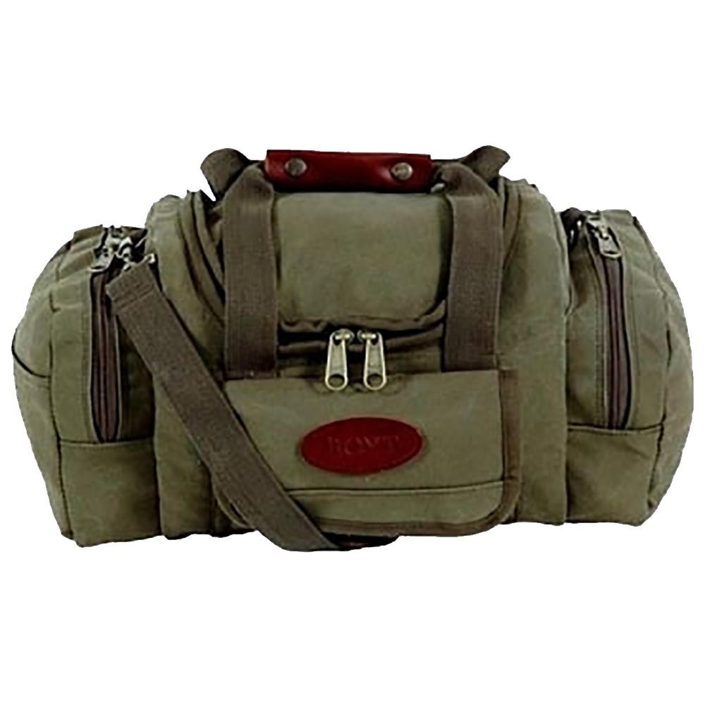 Green canvas Boyt Sporting Clays Bag with multiple pockets, zippers, and a shoulder strap.