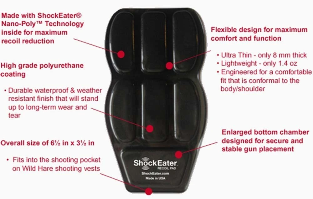 Black ShockEater recoil pad, polyurethane coating, fits in shooting pocket, made in USA.