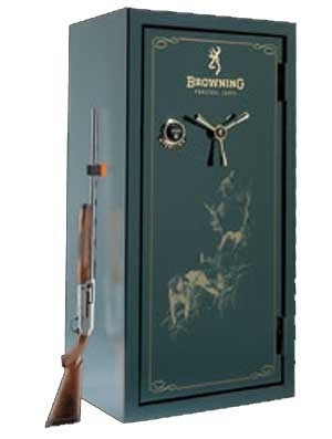 Green gun safe with Browning logo, shotgun attached to the side.