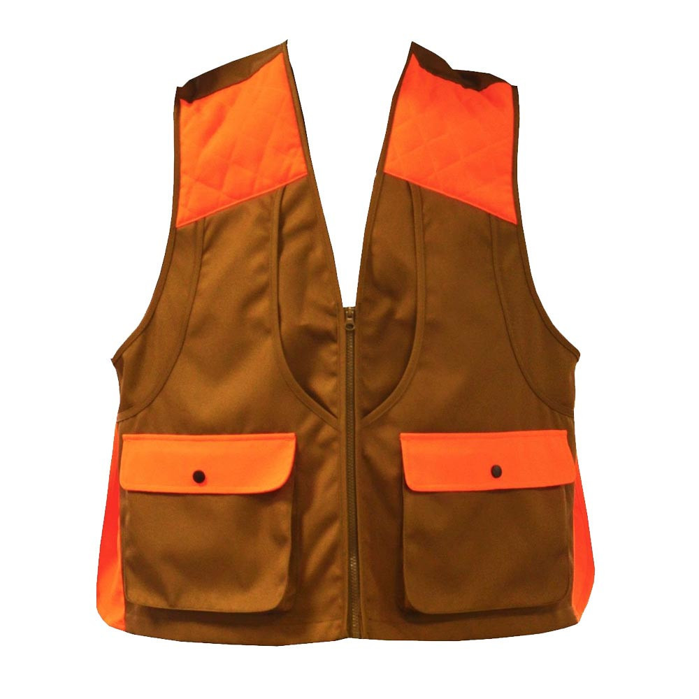 Brown and orange upland hunting vest with front pockets, padded shoulders, and a blaze backside.