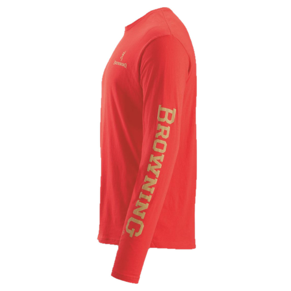 Red long sleeve tee shirt with "BROWNING" printed on the sleeve in gold. Browning logo on the chest.