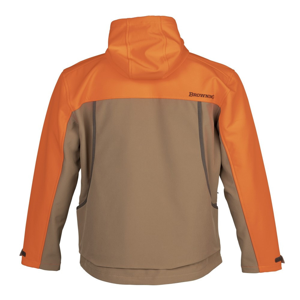 Back view of a Browning Flushing Meadows Jacket. Orange and tan polyester fleece with a hood.
