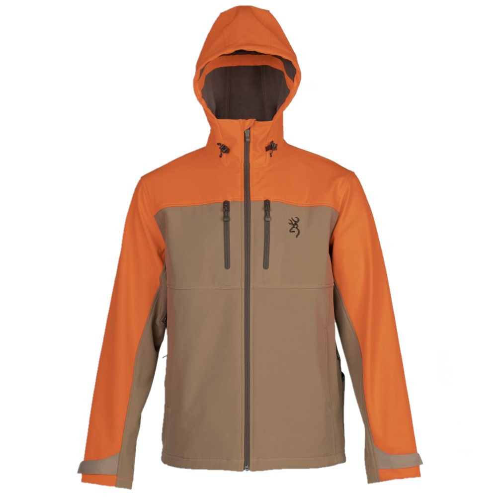 Orange and tan Browning Flushing Meadows Jacket with hood, zippered pockets, and polyester fleece construction.