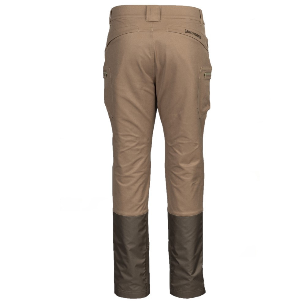 Back view of Browning Brush Flatts Pant in tan with dark brown leg overlays. Polyester fabric.