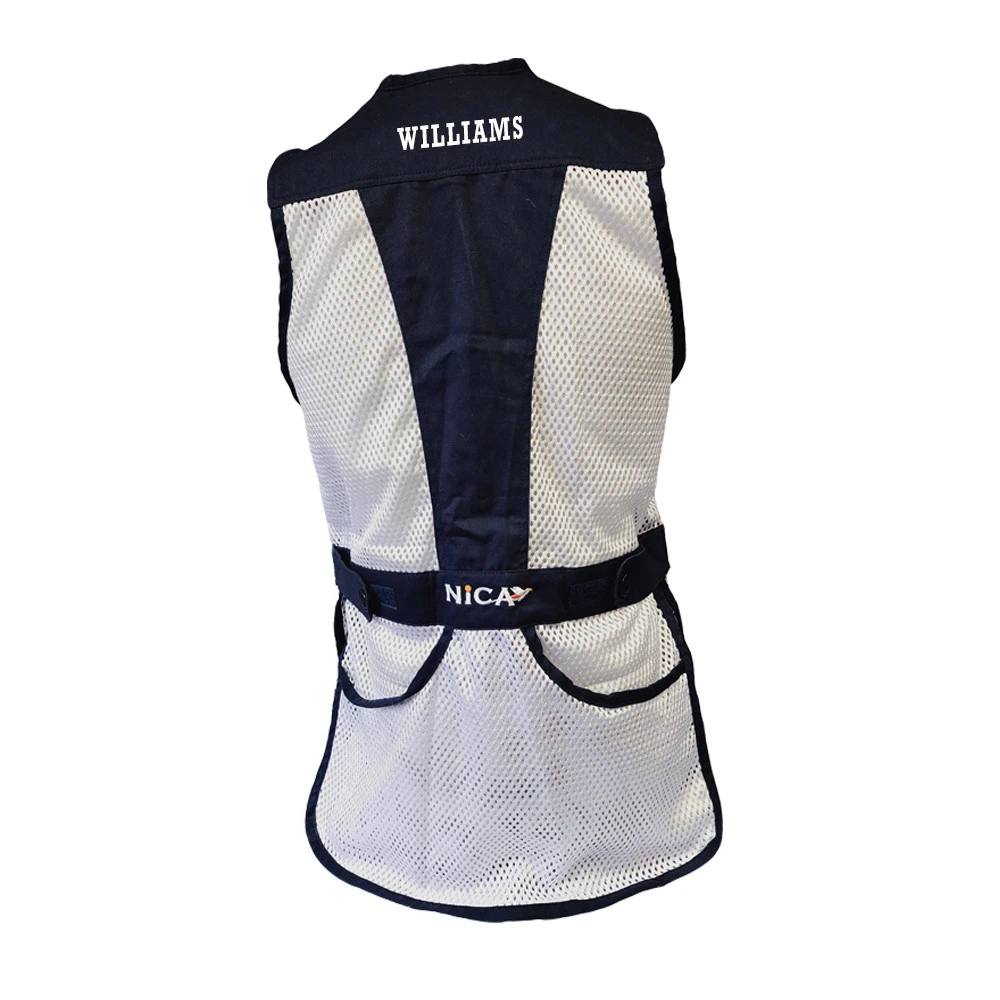 Back view of a navy and white mesh shooting vest with "WILLIAMS" and "NICA" branding.