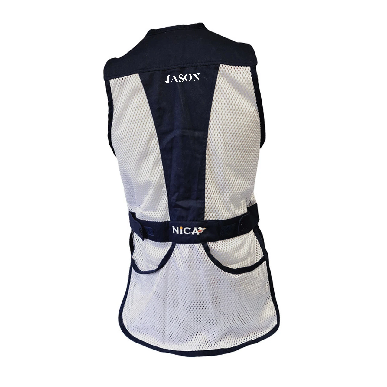 Back view of a navy and white mesh shooting vest with "JASON" embroidered on the back yoke and "NICA" on the belt.