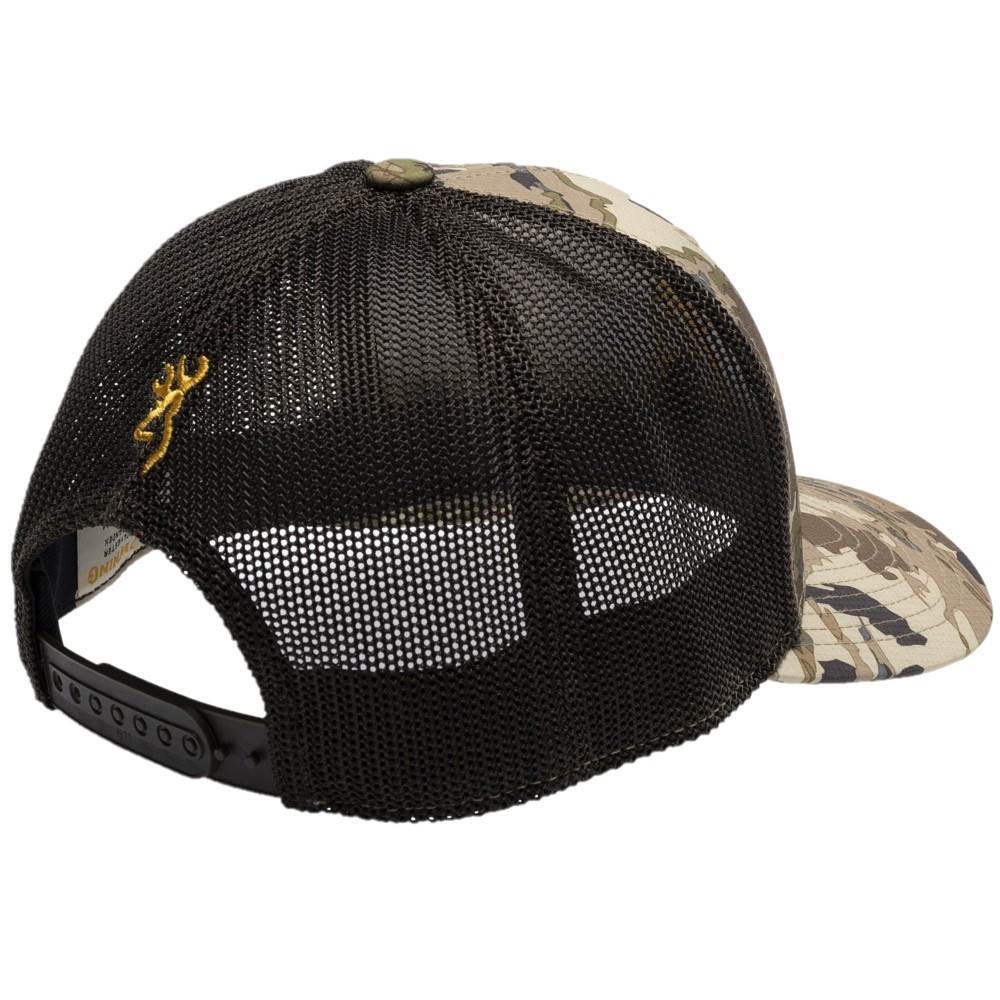Browning Pahvant Pro Cap in Auric camo, mesh back, adjustable snap closure, angled view.