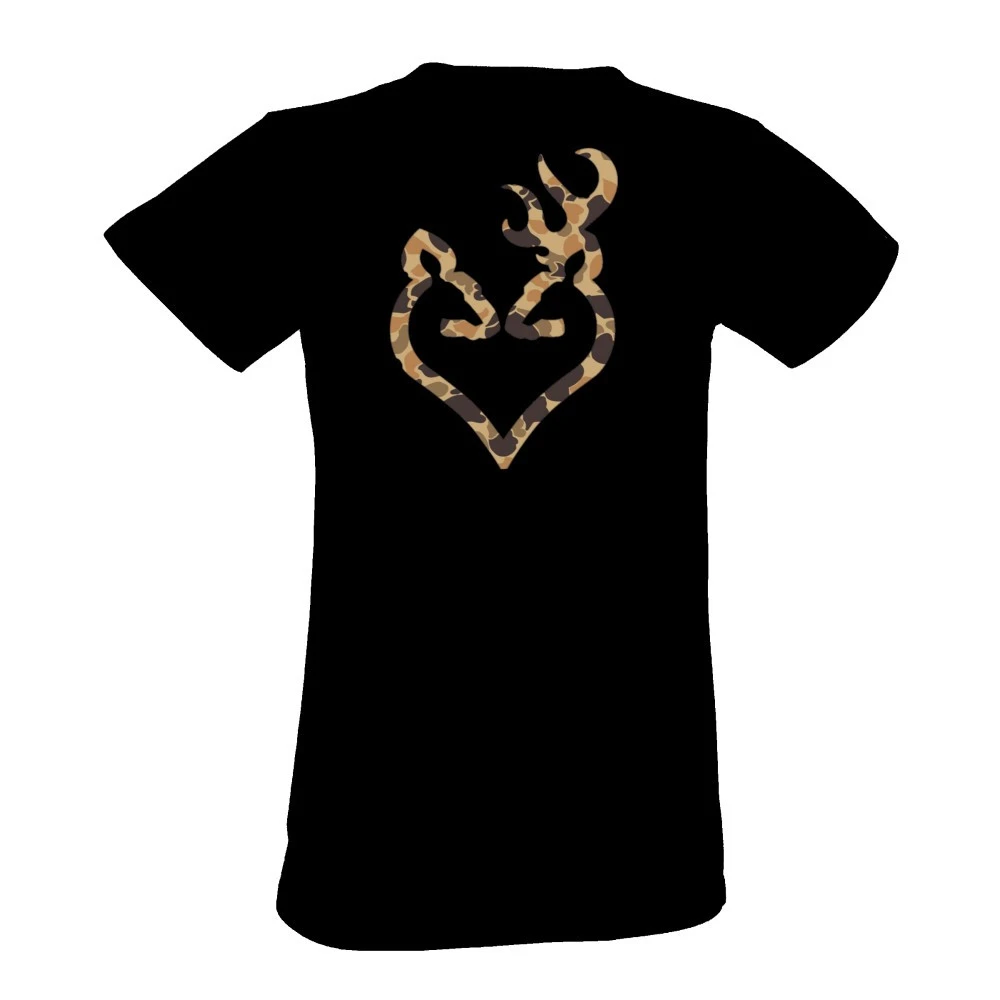 Black women's t-shirt with a camo buck heart logo on the back.
