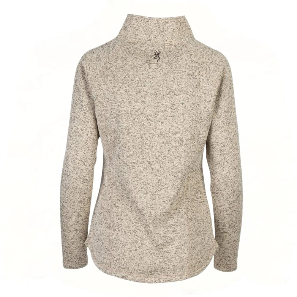 Back view of an oatmeal-colored Browning women's sweater with a high collar and a small logo.
