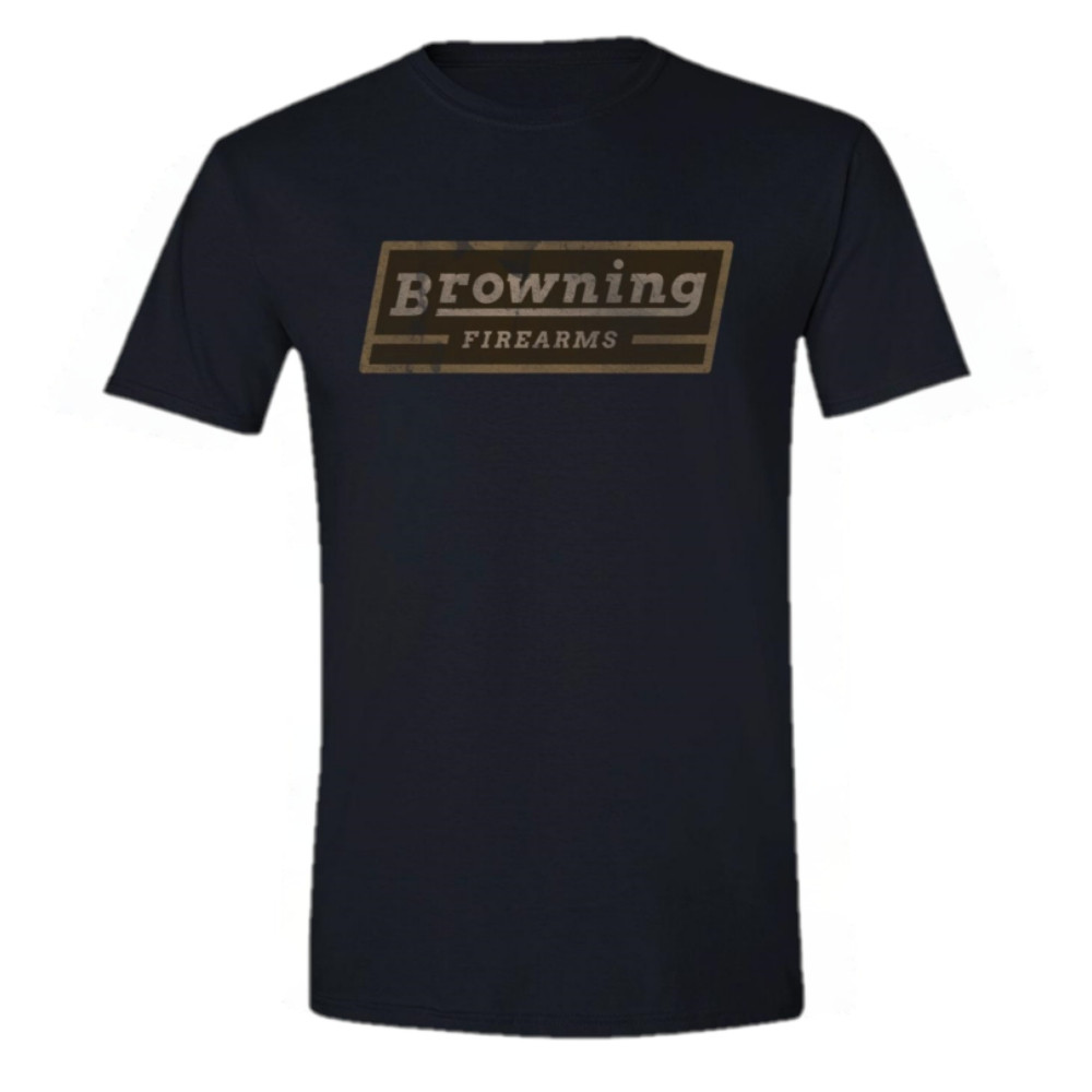 Black short-sleeve tee with Browning Firearms logo on front.