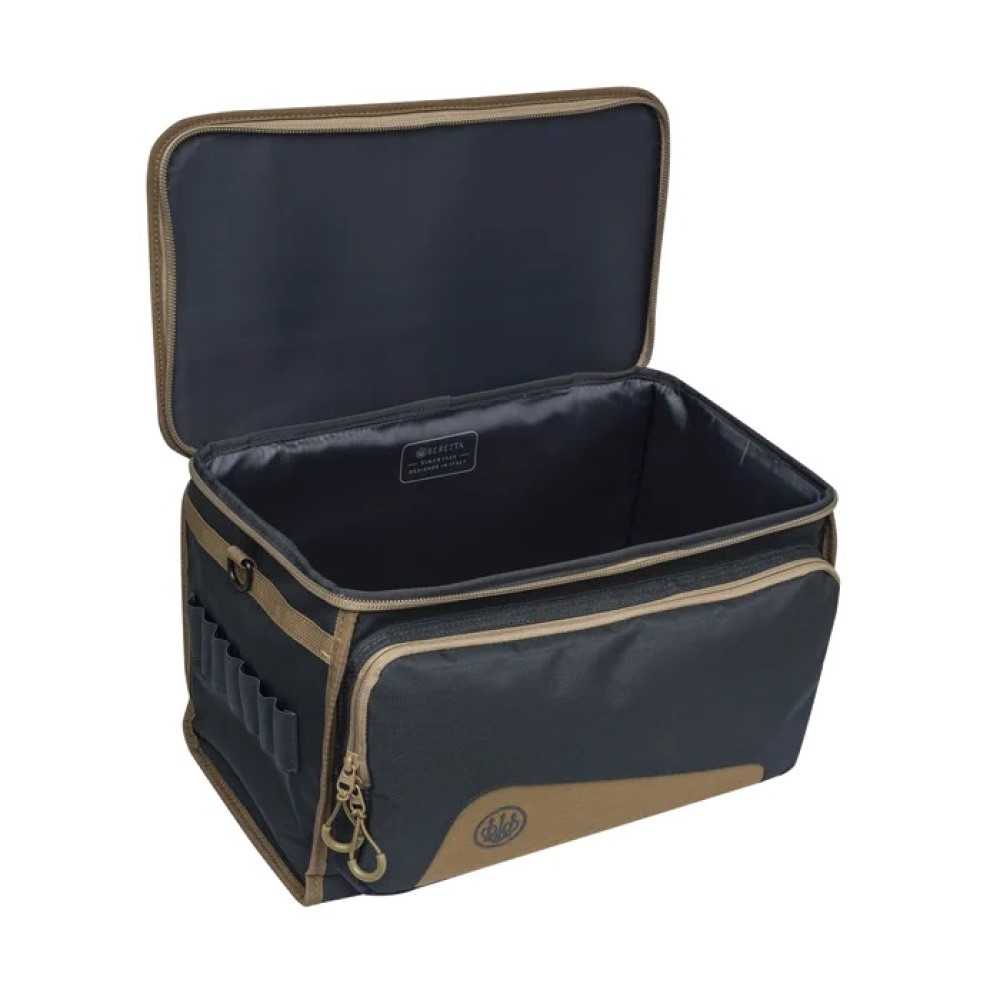 Open Beretta GameKeeper EVO cartridge bag, ebony and otter colors, with open top, side pockets, and logo.