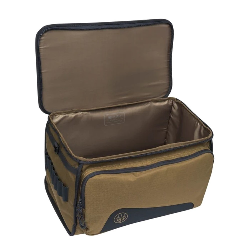 Open Beretta GameKeeper EVO cartridge bag, otter and ebony, showing interior.
