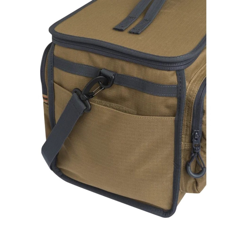 Brown and gray Beretta cartridge bag, angled view, with shoulder strap and zipper pocket.