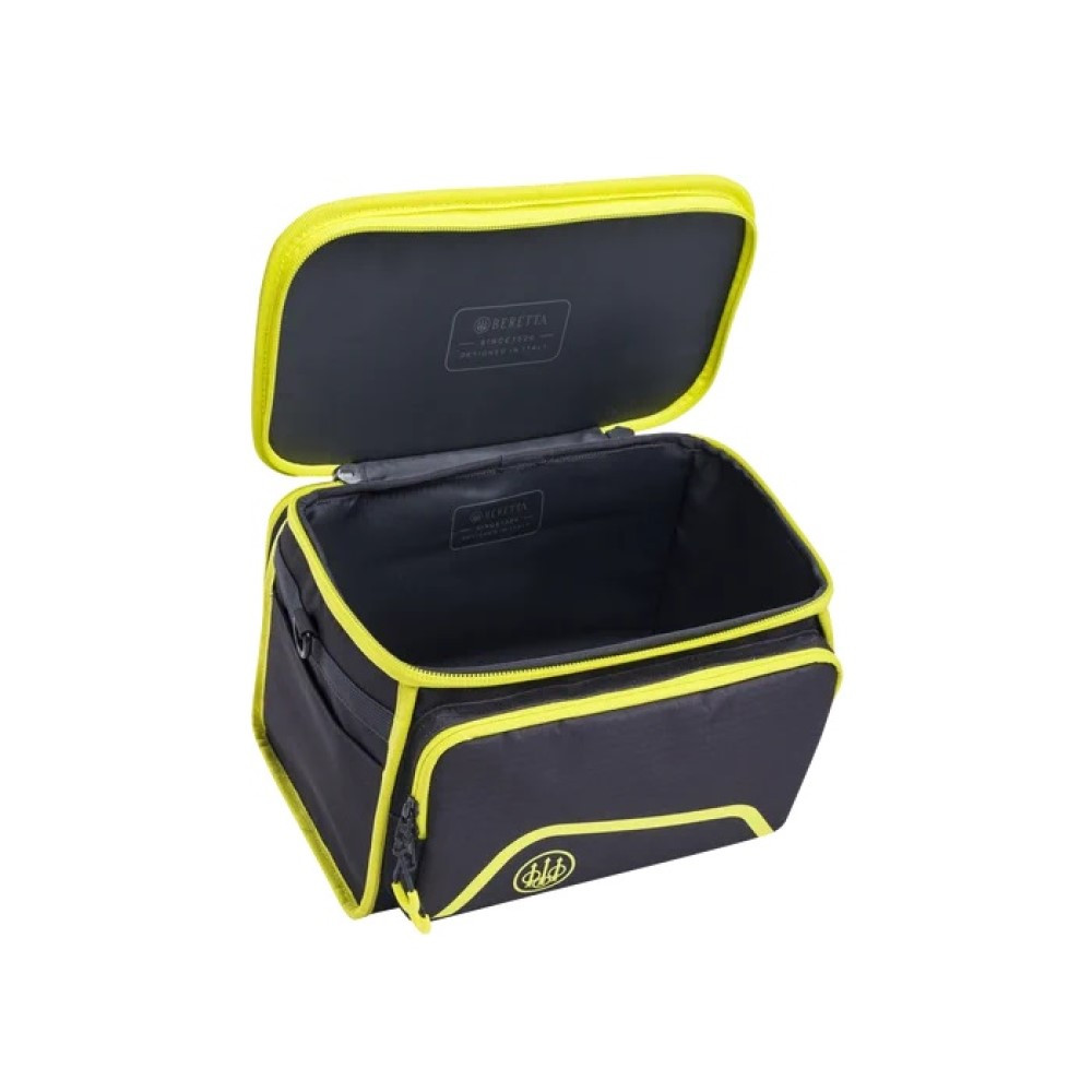 Black and yellow Beretta cartridge bag, open, showing interior, with logo.