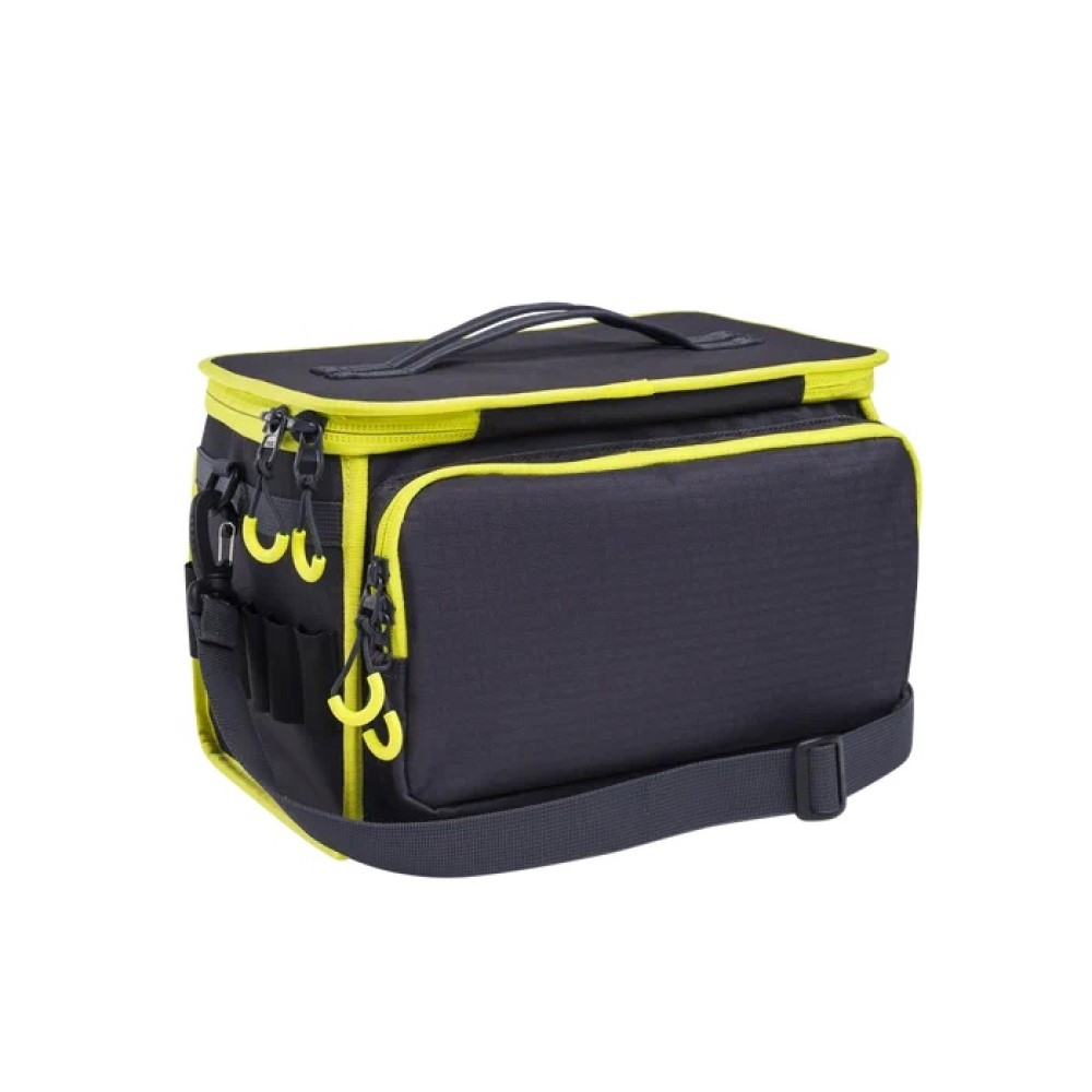 Black and yellow Beretta cartridge bag with shoulder strap and handle.