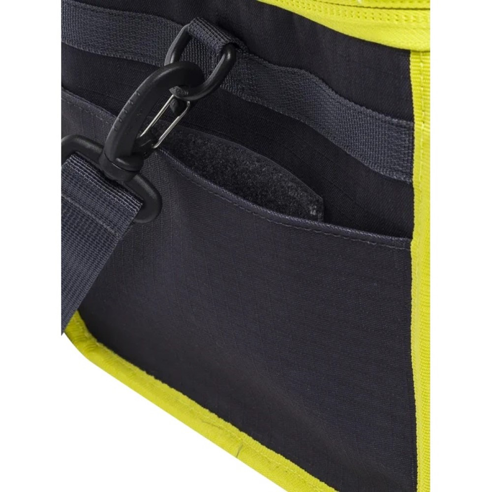 Close-up of a dark gray Beretta cartridge bag with a neon yellow trim and a black clip.