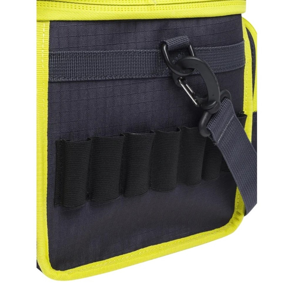 Close-up of a Beretta cartridge bag in dark grey with yellow trim, black pockets, and a shoulder strap.