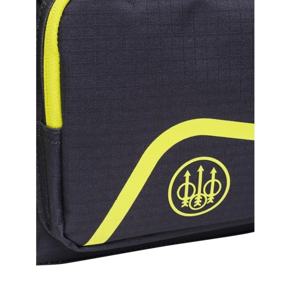 Close-up of a Beretta cartridge bag. Dark gray fabric with yellow accents and logo.
