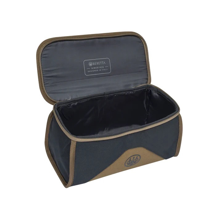 Ebony and otter-colored Beretta cartridge bag, open, showing interior. Black and tan fabric, Beretta logo.