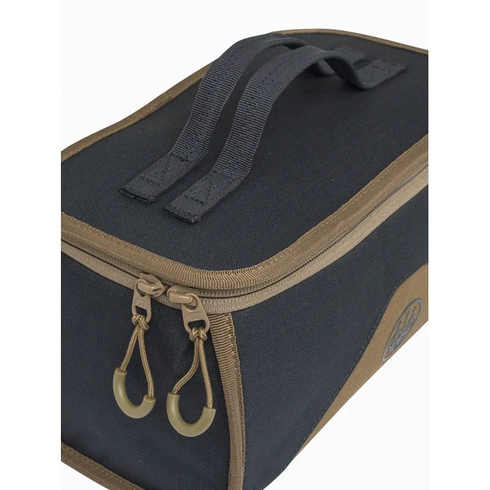 Black and tan Beretta cartridge bag with dual zippers and carry handles.