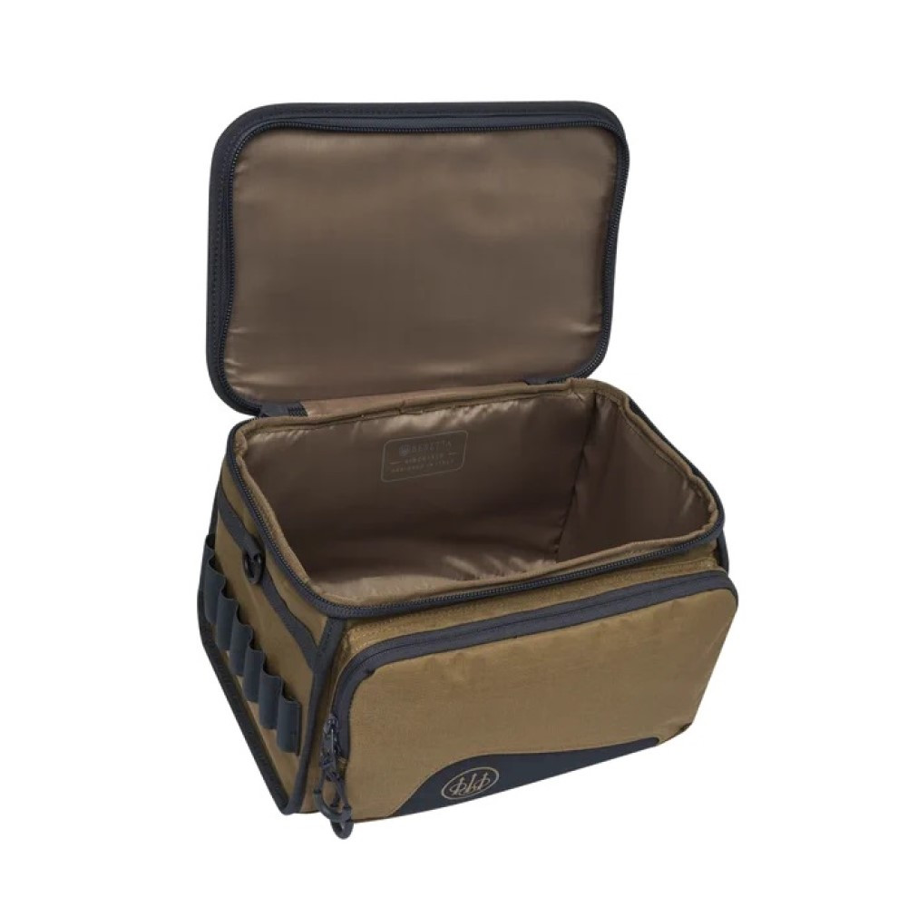 Open Beretta GameKeeper EVO cartridge bag, otter and ebony, angled view, open top, interior, exterior pockets.