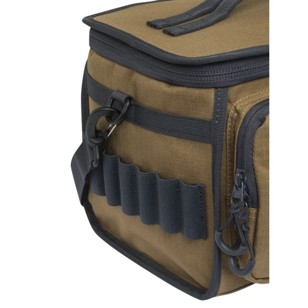 Tan and black Beretta cartridge bag, side view, with pockets and zipper.