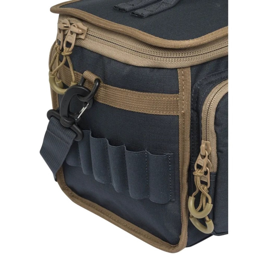 Dark gray and tan Beretta cartridge bag, with multiple pockets and zippers.
