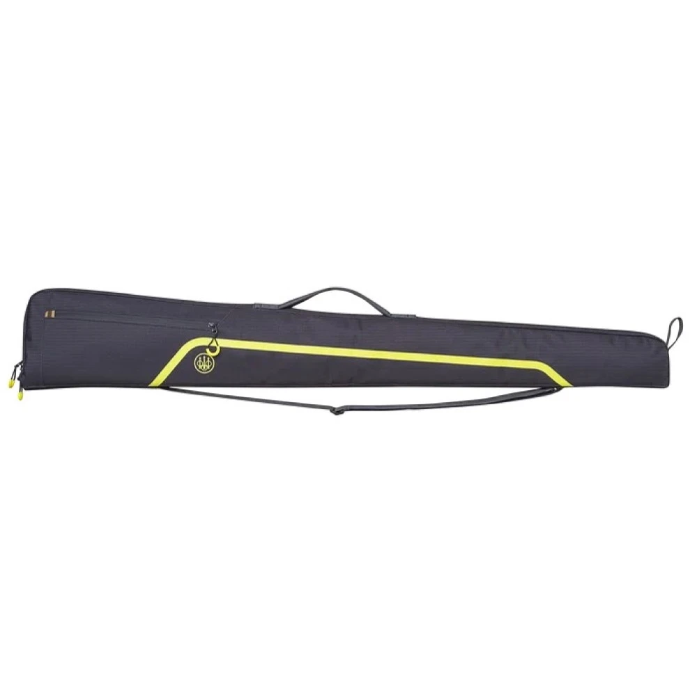 Black gun case with yellow accents, shoulder strap, and handle.